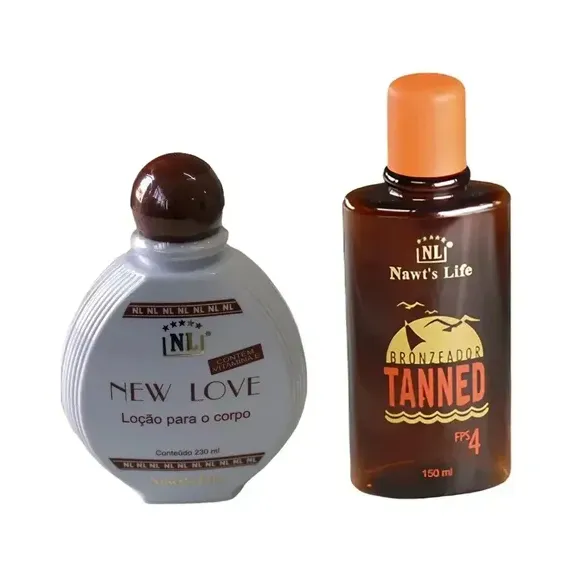 Frasco da Loção New Love ao lado do frasco laranja do Bronzeador Tanned, da Nawt's Life