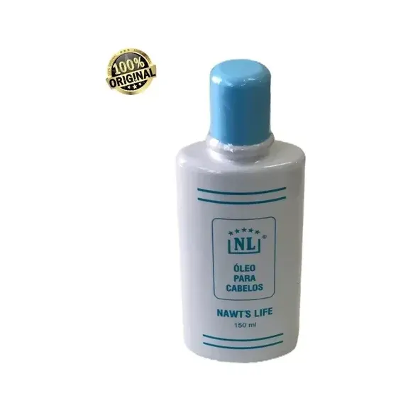 Frasco branco com tampa azul do Óleo para os Cabelos, da Nawt's Life
